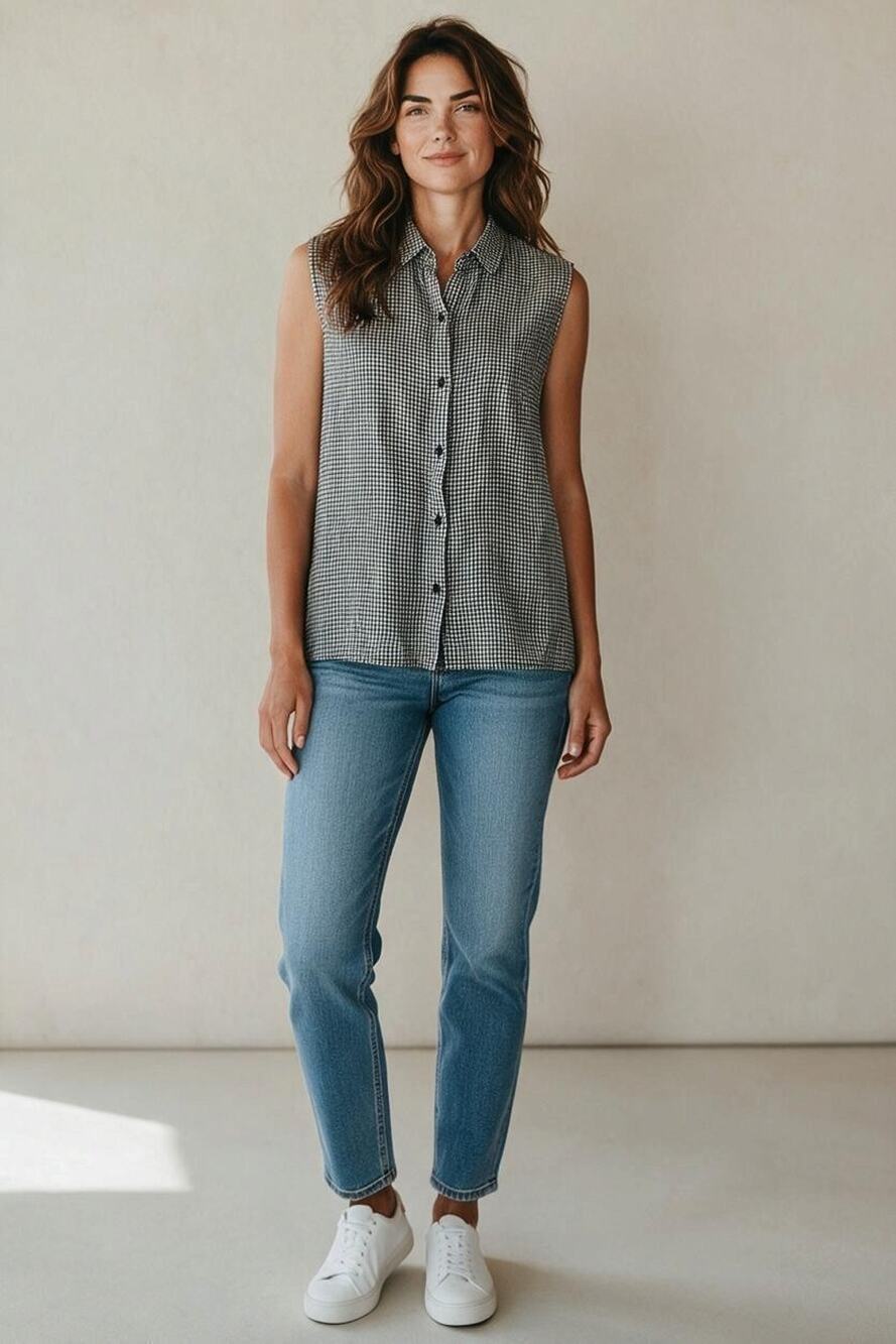 A5 Auth EILEEN FISHER Airy Black & White Gingham Check Org Linen Shirt Top Sz L